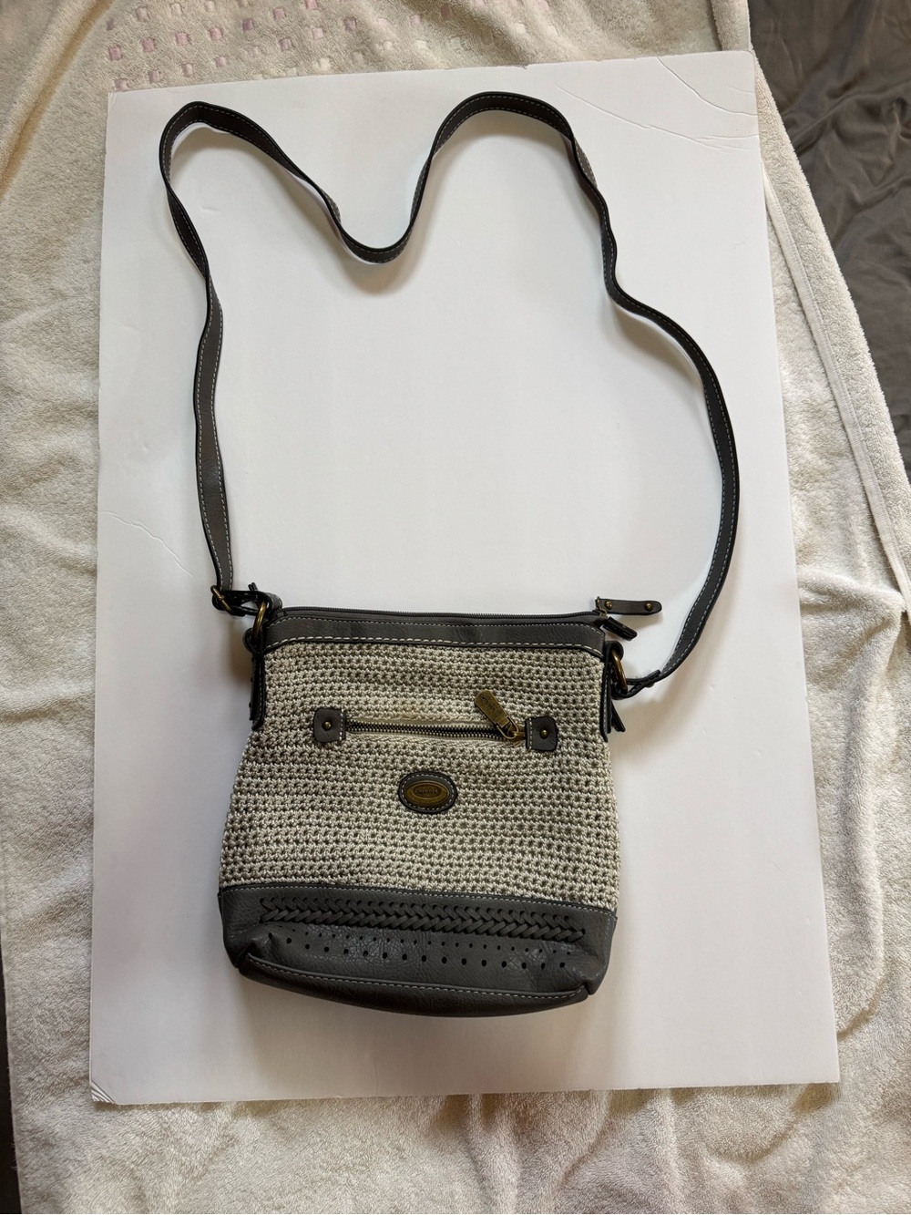 Crossbody Shoulder Bag - Beige Woven with Gray Trim